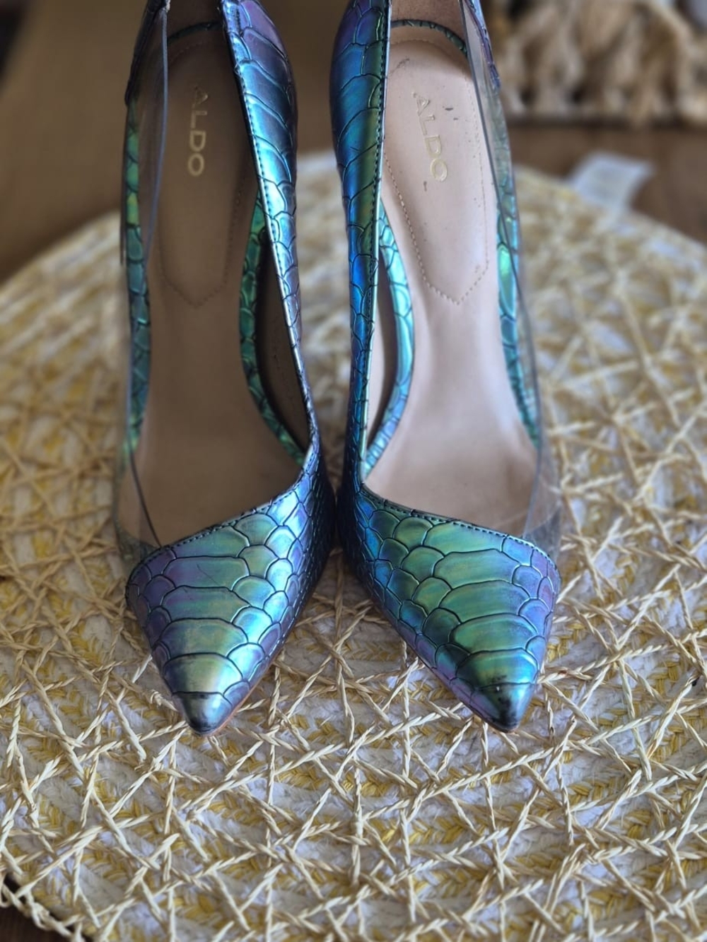 Aldo Iridescent Green-Blue Scaled Pointed Toe Pumps